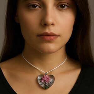 Heart-Shaped Pink Floral Tree Resin Pendant Necklace on  White Cord - Jewelry